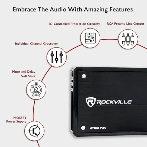 مضخم صوت Rockville Atom P20 Marine/ATV/Car بلوتوث بقدرة 1600 وات الذروة/440 وات RMS 4 قنوات مع عداد فولت، أسود in Kuwait