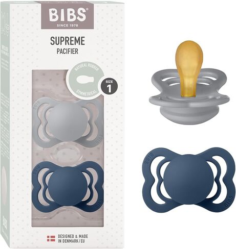 لهايات BIBS - مجموعة سوبريم | لهاية أطفال خالية من مادة BPA | صنع في الدنمارك | مجموعة من 2 لهايات فاخرة بلون آيلاند سي/سيج | الحجم 0-6 أشهر in Kuwait