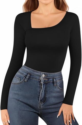 MANGOPOP Women Asymmetrical Neck Long Sleeve Basic T shirt Thong Bodysuit Tops in Saudi Arabia