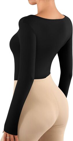 MANGOPOP Women Asymmetrical Neck Long Sleeve Basic T shirt Thong Bodysuit Tops in Saudi Arabia