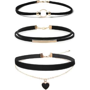 Choker Necklace for Women 3PCS Gothic Black Velvet Choker Adjustable Heart Pendant Layered Necklace Black Leather Jewelry for Cosplay Costume Mating