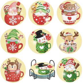 eniref 8 Pcs Christmas Diamond Art Coasters Kits with Holder, Gingerbread Snowman 5D DIY Diamond Pinting Coasters Acrylic Round Cup Coaster with Cork Pads for Tabletop Protection 10×10 CM