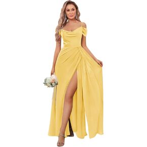 Women‘s Off The Shoulder Bridesmaid Dresses Long Pleated Chiffon Long Formal Evening Gown with Slit