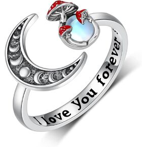 SVODEA Moon Mushroom Ring for Women,925 Sterling Silver Magical Red Mushroom Rings Moon Phase Open Rings,Anniversary Birthday Gifts for Girlfriend Teen Girls Mom
