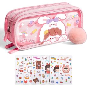 Cute Pen case Adorable Bunny Transparent 3-Layer Large Capacity Pencil Case Gadget organizer with Lovely Stickers (Pink)
