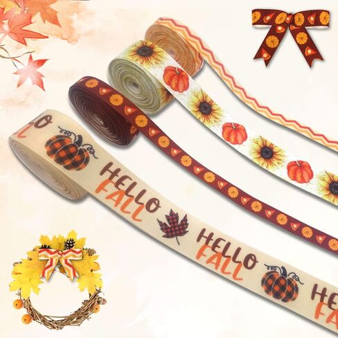 Threetols 6 لفات 30 ياردة شرائط الخريف، 3/8 "أشرطة Grosgrain لعيد الشكر، أشرطة فحص بنية، أشرطة برتقالية، كوز الصنوبر، كوز الصنوبر، حصاد، شرائط تغليف الهدايا لإمدادات حفلات الخريف in Kuwait