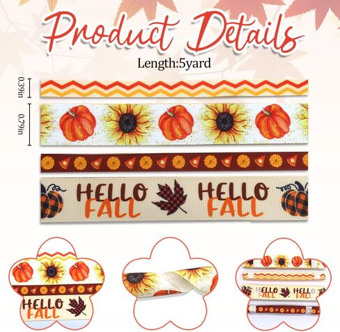 Threetols 6 لفات 30 ياردة شرائط الخريف، 3/8 "أشرطة Grosgrain لعيد الشكر، أشرطة فحص بنية، أشرطة برتقالية، كوز الصنوبر، كوز الصنوبر، حصاد، شرائط تغليف الهدايا لإمدادات حفلات الخريف in Kuwait
