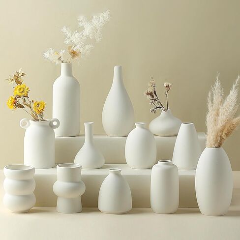 Set of 16 White Ceramic Bud Vases for Flowers, Minimalist Small Pampas Grass Vases for Farmhouse Boho Decor, Decorative Vases for Centerpiece, Wedding Decoration, Shelf and Table Decor in Saudi Arabia