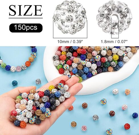 150 Pcs Rhinestone Beads for Crafting, Christmas Shiny Round Beads for Bracelets, Sparkly Disco Beads Diamond Baseball Beads for Jewelry Making Necklace Bracelet Charms DIY Decoration for Festival in Saudi Arabia