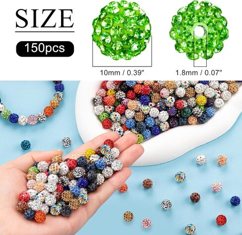 150 Pcs Rhinestone Beads for Crafting, Christmas Shiny Round Beads for Bracelets, Sparkly Disco Beads Diamond Baseball Beads for Jewelry Making Necklace Bracelet Charms DIY Decoration for Festival in Saudi Arabia