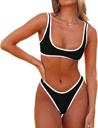 SherryDC Women's Sexy Scoop Neck Bikini Sets Color Block High Cut Thong Brazilian Two Pieces Swimsuit Bathing Suit in Saudi Arabia