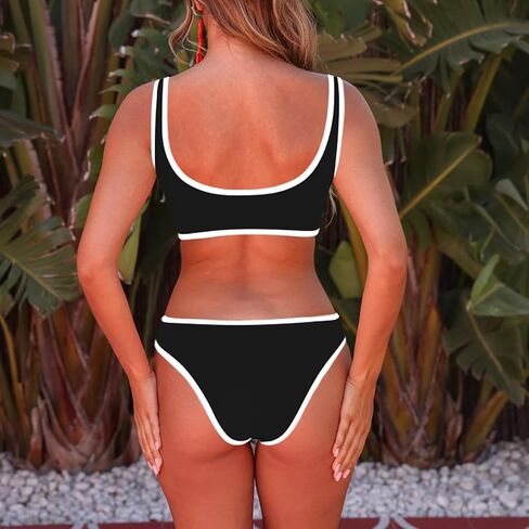 SherryDC Women's Sexy Scoop Neck Bikini Sets Color Block High Cut Thong Brazilian Two Pieces Swimsuit Bathing Suit in Saudi Arabia