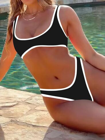 SherryDC Women's Sexy Scoop Neck Bikini Sets Color Block High Cut Thong Brazilian Two Pieces Swimsuit Bathing Suit in Saudi Arabia