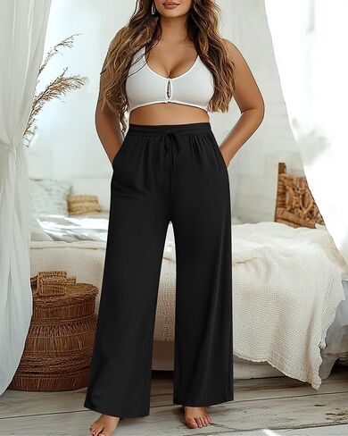 Neer 3 Pack Women's Plus Size Pants Wide Leg Lounge Yoga Pants Casual Baggy Drawstring High Waist Sweatpants with Pockets in Kuwait