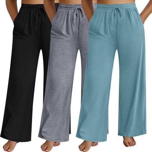 Neer 3 Pack Women's Plus Size Pants Wide Leg Lounge Yoga Pants Casual Baggy Drawstring High Waist Sweatpants with Pockets in Kuwait