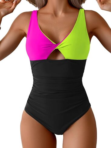 B2prity One Piece Swimsuit for Women Tummy Control Ruched Bathing Suit V Neck Cutout Swimwear in Kuwait