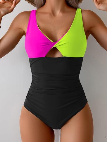 B2prity One Piece Swimsuit for Women Tummy Control Ruched Bathing Suit V Neck Cutout Swimwear in Kuwait