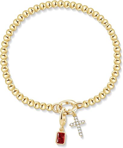 Free bird Cross Birthstone Bracelet | Dainty 14K Gold Plated Cross Charm Bracelet for Women | Stretchable Elastic Gold Beaded Bracelet | Stackable Trendy Birthstone Bracelet | Jewelry Gifts for Women in Saudi Arabia