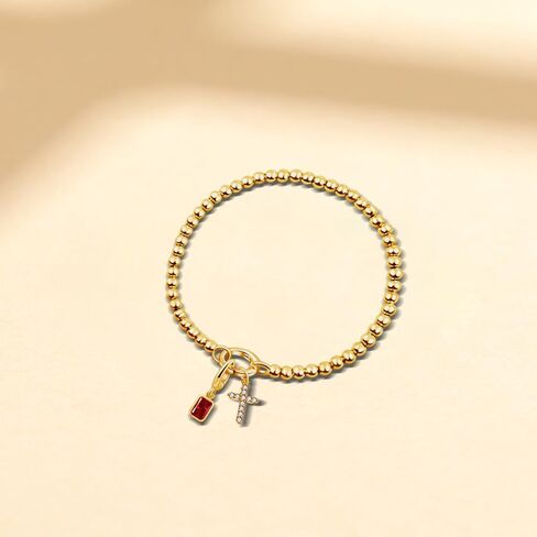 Free bird Cross Birthstone Bracelet | Dainty 14K Gold Plated Cross Charm Bracelet for Women | Stretchable Elastic Gold Beaded Bracelet | Stackable Trendy Birthstone Bracelet | Jewelry Gifts for Women in Saudi Arabia