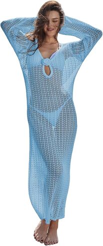 Leoparts Women's Knitted Swimsuit Cover Up 3D Floral Hollow Out Open Back Tie-Up Maxi Dress Beachwear Coverup Dresses in Kuwait