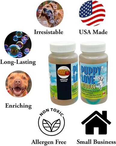 الفقاعات الذرية: فقاعات الحب الجرو: عبوة من قطعتين معطرة بكعكة عيد الميلاد - زجاجات سعة 4 أونصة، لعبة تفاعلية للكلاب، آمنة للحيوانات الأليفة، غير سامة، داخلية/خارجية، تدوم طويلاً in Kuwait