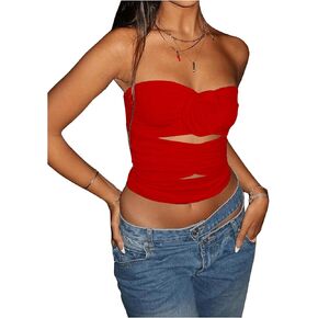 GORGLITTER Women's 3D Floral Strapless Bandeau Tube Top Cut Out Sleeveless Backless Ruched Crop Tops in Kuwait