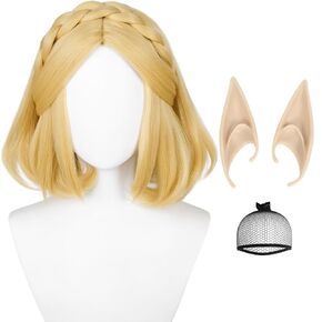 Anime Blue Cosplay Wig Unisex Game Cos Wigs with Curtain Bangs Cute Ponytails + Wig Cap Synthetic Fiber Hair for Women Men Halloween Costumes Party