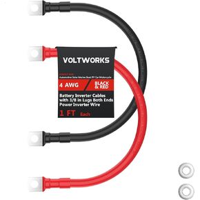 VOLTWORKS 2 AWG Gauge Red + Black Pure Copper Battery Inverter Cables Solar, RV, Car, Boat 1ft 3/8 in Lugs