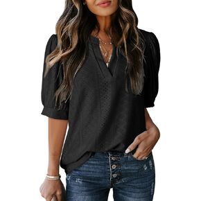 Dokotoo Womens Summer Business Casual Blouses V Neck Short Sleeve Shirts Hollow Out Cute Lace Tops