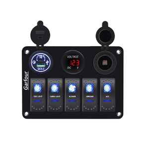 Green 5 Gang Waterproof Boat Switch Panel Marine Rocker Switch with 12V Voltmeter Type-C and QC 3.0 USB Charging Socket for Car Boat