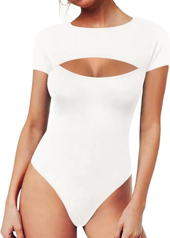 MANGOPOP Womens Long Sleeve Bodysuit Sexy Front Cutout Round Neck Body Suits in Kuwait
