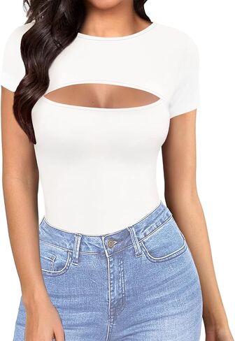 MANGOPOP Womens Long Sleeve Bodysuit Sexy Front Cutout Round Neck Body Suits in Kuwait