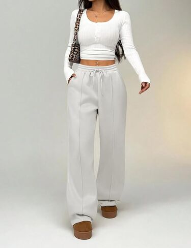 بنطال رياضي نسائي من الصوف بأرجل واسعة من HeSaYep، سروال فضفاض عالي الخصر برباط، بنطال رياضي in Kuwait