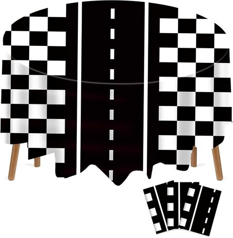 3 Pcs Racing Party Round Tablecloths Plastic Black White Checkered Flag Table Covers 84 Inch Disposable Racetrack Road Table Decoration for Two Fast Car Theme Birthday Party Supplies Events in Saudi Arabia