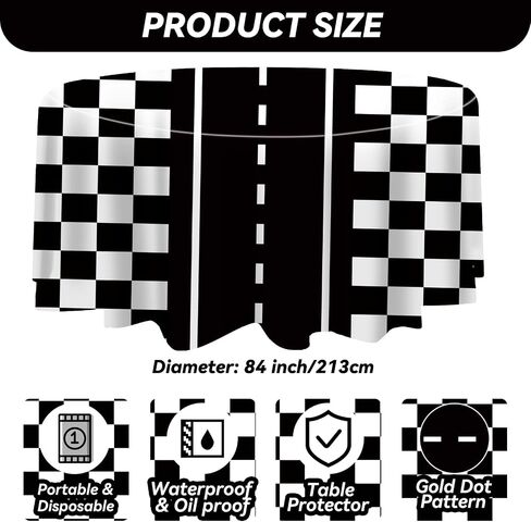 3 Pcs Racing Party Round Tablecloths Plastic Black White Checkered Flag Table Covers 84 Inch Disposable Racetrack Road Table Decoration for Two Fast Car Theme Birthday Party Supplies Events in Saudi Arabia