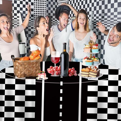 3 Pcs Racing Party Round Tablecloths Plastic Black White Checkered Flag Table Covers 84 Inch Disposable Racetrack Road Table Decoration for Two Fast Car Theme Birthday Party Supplies Events in Saudi Arabia
