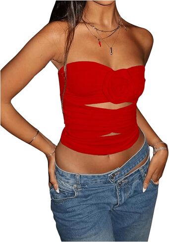 GORGLITTER Women's 3D Floral Strapless Bandeau Tube Top Cut Out Sleeveless Backless Ruched Crop Tops in Kuwait