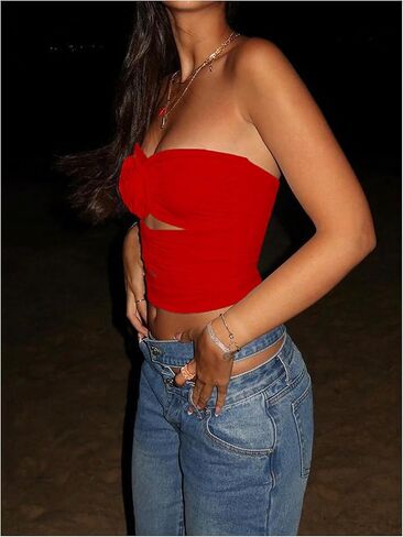 GORGLITTER Women's 3D Floral Strapless Bandeau Tube Top Cut Out Sleeveless Backless Ruched Crop Tops in Kuwait