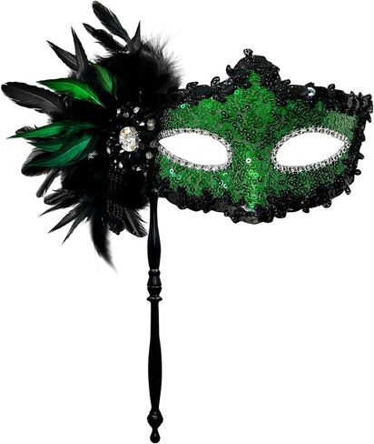 2024 New Feather Masquerade Mask with Stick for Women,Feather Black Masquerade Mask for Masquerade Party, Mardi Gras,Cosplay Party Masque（Blue） in Saudi Arabia