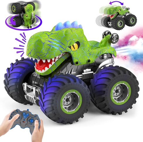 Dinosaur Remote Control Car for Kids, 2.4GHz 360° Rotating RC Monster Truck Toys for Boys Girls Age 4-7 with Spray, Light & Sound, All Terrain Stunt Cars with 2 Batteries, Birthday Gifts for Kids 6-12 in Saudi Arabia