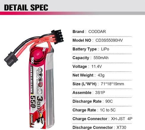 2 Packs CODDAR 350mAh 3S 11.4V 90C HV LiPo Battery with XT30 Connector for RC Racing Drone FPV Quads Quadcoper (CD3S35090HV) in Saudi Arabia