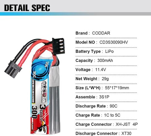 2 Packs CODDAR 350mAh 3S 11.4V 90C HV LiPo Battery with XT30 Connector for RC Racing Drone FPV Quads Quadcoper (CD3S35090HV) in Saudi Arabia