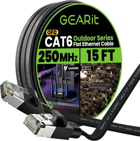 GearIT Cat 6 Outdoor Flat Ethernet Cable (15ft, Black) Direct Burial Rated LLDPE Jacket - Indoor Cat6 Shielded FTP 10Gbps High Speed Gaming Computer Network RJ45 Snagless Patch Cord Internet in Saudi Arabia