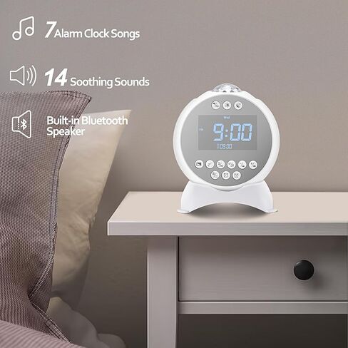Kids Alarm Clock Star Projector, Galaxy Night Light Projector Kids, Bluetooth Speaker Alarm Clock Bedroom 14 White Noise Sounds 21 Projection Snooze Auto-Off Timer Remote Control, Black in Saudi Arabia