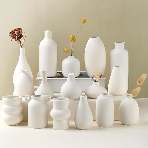 Set of 8 White Ceramic Bud Vases for Flowers, Pampas Grass Small Vases for Farmhouse Boho Decor, Decorative Vases for Centerpiece, Wedding Decoration, Home and Office, Room and Table Decor in Saudi Arabia