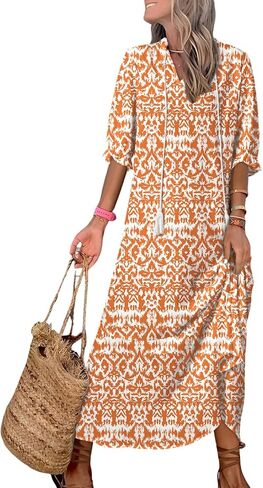 Dokotoo Women Boho Summer Dress 2024 Frill Short Sleeve Tassel V Neck Ruffle Flowy A-Line Maxi Dresses in Kuwait