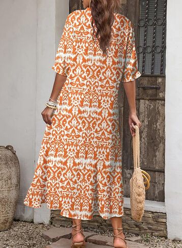 Dokotoo Women Boho Summer Dress 2024 Frill Short Sleeve Tassel V Neck Ruffle Flowy A-Line Maxi Dresses in Kuwait