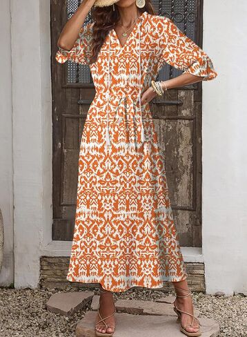 Dokotoo Women Boho Summer Dress 2024 Frill Short Sleeve Tassel V Neck Ruffle Flowy A-Line Maxi Dresses in Kuwait