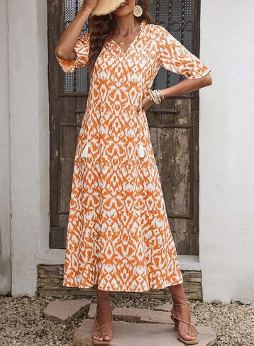 Dokotoo Women Boho Summer Dress 2024 Frill Short Sleeve Tassel V Neck Ruffle Flowy A-Line Maxi Dresses in Kuwait