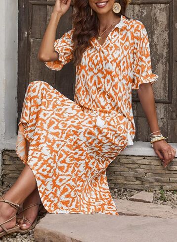 Dokotoo Women Boho Summer Dress 2024 Frill Short Sleeve Tassel V Neck Ruffle Flowy A-Line Maxi Dresses in Kuwait